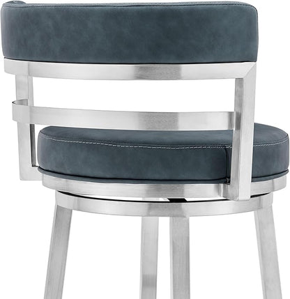 Armen Living Titana 26" Counter Height Swivel Blue Faux Leather and Brushed Stainless Steel Bar Stool