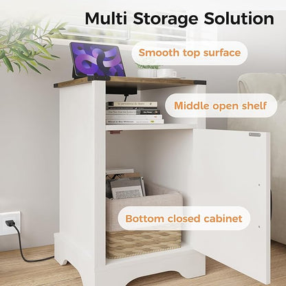 RoyalCraft Set of 1 Farmhouse Nightstand, White End Table with Charging Station, Tall Bedside Table with Large Storage Room and Shelf, Wooden Rustic Nightstand for Bedroom, Home Office