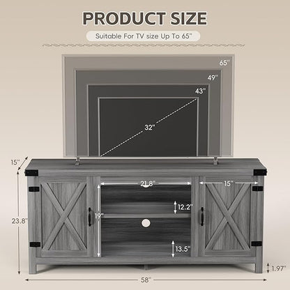YESHOMY Modern Farmhouse TV Stand with Two Barn Doors and Storage Cabinets for Televisions up to 65+ Inch,Entertainment Center Console Table,Media Furniture for Living Room, Grey