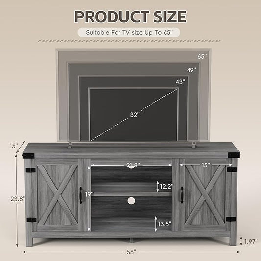 YESHOMY Modern Farmhouse TV Stand with Two Barn Doors and Storage Cabinets for Televisions up to 65+ Inch,Entertainment Center Console Table,Media Furniture for Living Room, Grey