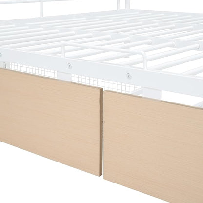 Full Over Queen Metal Bunk Bed with 2 Storage Drawers,Contemporary Iron-Crafted Bed Frame,w/Ladder & Full Length Gridded Guardrails,No Box Spring Needed,for Bedroom Guest Room,White