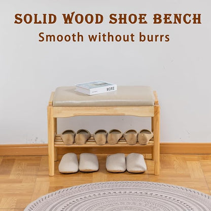 latifolia Small Shoe Bench, Solid Wood Bench with Cushion, 2 Tier Shoe Storage Organizer for Entryway(Nature,23.62''L)