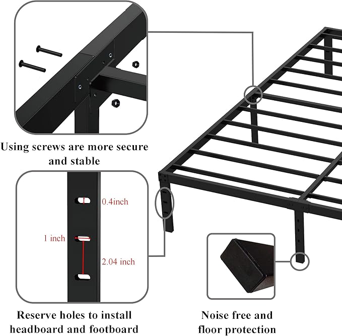Queen Bed Frame No Box Spring Needed, 14 Inch Heavy Duty Metal Platform Bed Frame Queen Size, 1200lbs Steel Slats Support, Easy Assembly, Black