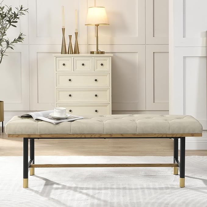 Shoe Bench Entryway, End of Bed Bench, Bench for Bedroom End of Bed, Modern Faux Leather Bench for Living Room, Entryway Bench Seat, Padded Bench with Solid Metal Shelf Gold, Beige