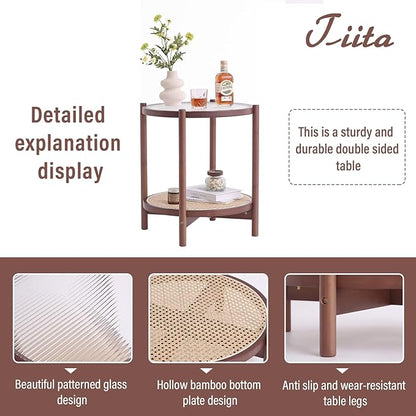 Tiita Rattan Coffee Table, Round End Table, 2-Tier Modern Side Table, Small Bamboo Living Room Side Table, Glass Sofa End Table for Balcony and Office Outdoor/Indoor (Walnut)