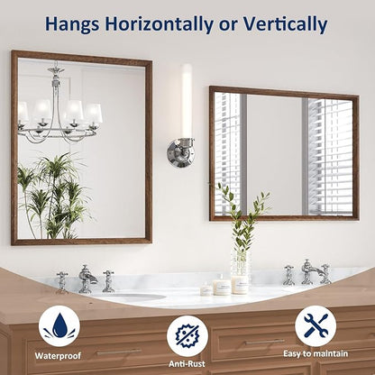 WEER Walnut Bathroom Mirror, Walnut Framed Mirror 22X30 Inch, Rectangle Wall Mounted Bathroom Vanity Mirror with Tempered Glass, Hangs Vertically or Horizontally, Anti-Rust