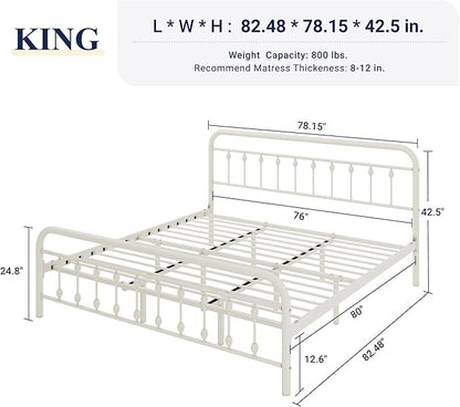 Allewie 14 Inches King Size Metal Platform Bed Frame with Victorian Style Iron-Art Headboard/Footboard, Mattress Foundation, Easy Assembly, Under Bed Storage, No Box Spring Required, White