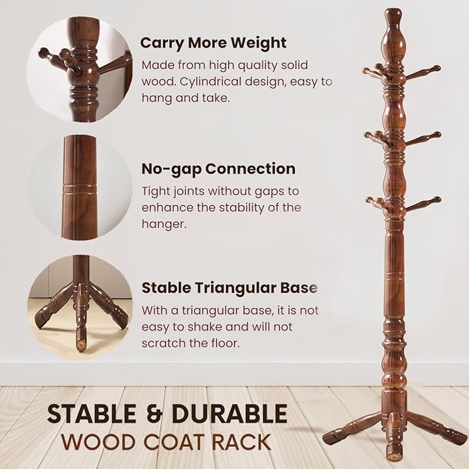 Coat Rack, Natural Wood Coat Racks with 3 Height Options and 9 Hooks,Coat Tree Ease of Assembly,Freestanding Hall Tree for Home/Office/Entryway/Hallway (Walnut)