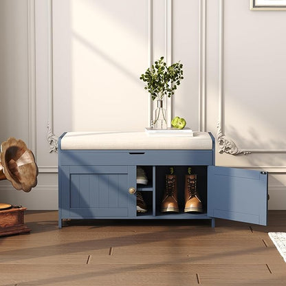 HOMEFORT 30" Shoe Bench with Lift Top Storage, Entryway Bench with Cushioned Seat, Wooden End of Bed Bench, Shoe Cabinet Bench with Hidden Storage Space, for Bedroom, Hallway, Blue