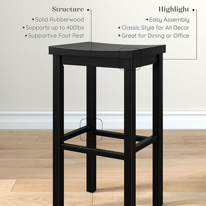 Grain & Grove Smith Collection Solid Wood Bar Stool, 30 inch Saddle-Seat Bar Chair, Backless, Heavy-Duty Construction, Footrest Support, Ideal for Kitchen Islands, Home Bars, and Counters, Black