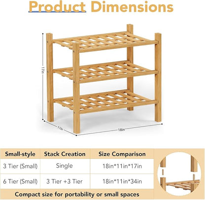 Haddockway small 3 Tier Bamboo Shoe Rack Storage Organizer,Multifunctional Free Standing Stackable Shoe Shelf with Grid Panel for Closet,Hallway,Entryway,Small Space 18"x11"x17"(Natural, 3-Tier Small)
