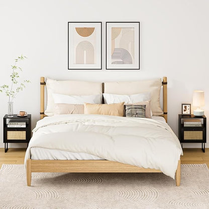 Rattan Nightstand, Mid Century Modern Night Stand,Boho Farmhouse Wood Bedside Table with Storage and Open Shelf, End Side Accent Table for Bedroom,Living Room,Black