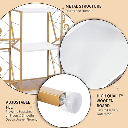 Record Player Stand with Vinyl Record Storage, Turntable Stand with 4-Tier Vinyl Display Shelf & Metal Frame, Record Holder for Living Room, Gold & White
