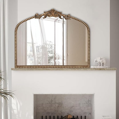 ironsmithn Gold Arched Mirror, 30"x36" Ornate Beaded Frame Mirrors, Metal Decorative Accent Mirror for Fireplace Bedroom Bathroom Living Room Entryway