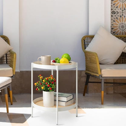 TeoKJ All Metal Side Table, 2 Tier Anti Rust End Table with Imitation Rattan Pattern on Removable Trays, Round Table for Living Room, Small Nightstand for Bedroom 20.47 Inch x 16.54 Inch Pearl White