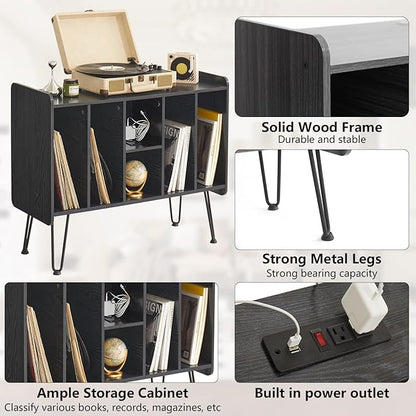 Large Record Player Stand with Vinyl Storage, Black Record Player Table with Power and USB Port, Holds Up to 200 Albums, Turntable Stand with Record Storage, Vinyl Record Player Storage Cabinet