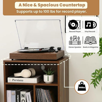 Record Player Table – 20 x 15.75 x 32 Inches- Vintage Decor Side Table with Wood Legs, Record Holder Stand - Walnut Finish Retro Furniture Storage Cabinet for Living Room, Bedroom, Kitchen