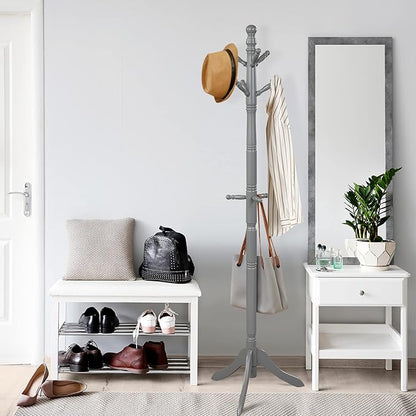 Tangkula Wood Coat Rack Freestanding, Entryway Height Adjustable Coat Stand with 9 Hooks & Stable Tri-Legged Base, Rubber Wood Coat Tree Hall Tree Coat Hanger for Home Office Hall Entryway (Grey)