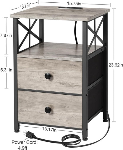 AMHANCIBLE Night Stand, Nightstand with Charging Station, End Tables Living Room with Fabric Drawer, Bedside Table with USB Ports and Outlets for Small Spaces Bedroom, Greige HET05XGY1
