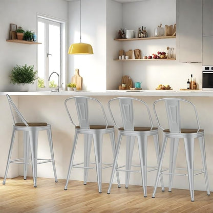 24” Swivel Bar Stools Set of 4, Counter Height Bar Stools Wooden Seat, Metal Industrial Bar Chairs with High Back for Kitchen Island (Silver)