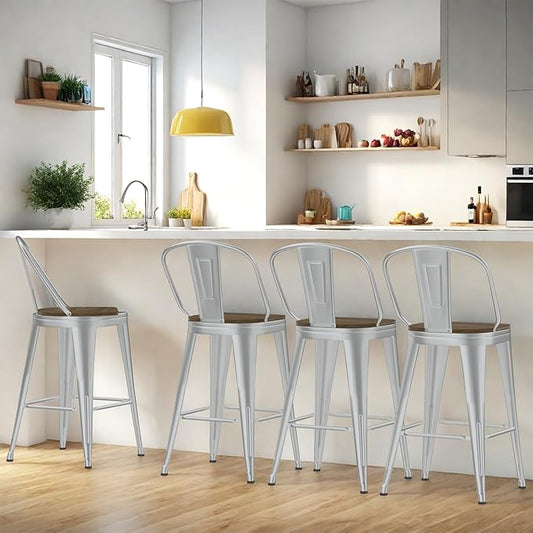 30” Swivel Bar Stools Set of 4, Counter Height Bar Stools Wooden Seat, Metal Industrial Bar Chairs with High Back for Kitchen Island (Silver)