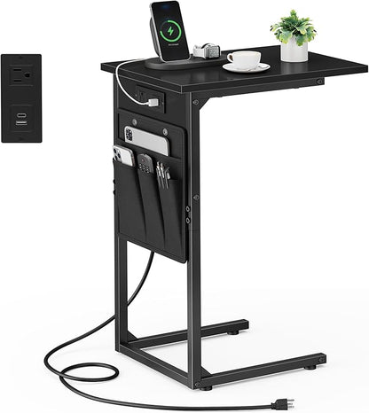 Vagusicc C Shaped End Table with Charging Station, Small Side Table for Couch, Couch Side Tables Recliner Desk, Slide Under Sofa Table TV Tray Arm C Tables for Living Room, Bedroom, Bedside, Black