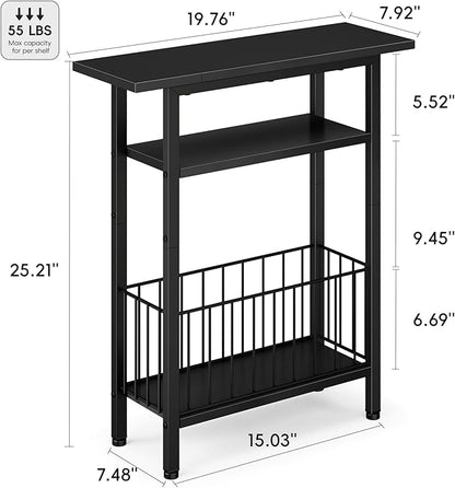 Vagusicc Narrow Side Table, 3-Tier Skinny End Table for Couch, Small side Tables for Small Spaces, Bed Side Table with Storage, 25.2" Tall Slim Nightstand Bedside table for Living Room, Bedroom, Black