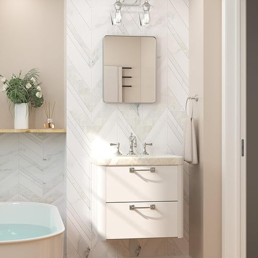 Keonjinn 16 x 20 Inch Brushed Nickel Bathroom Mirrors for Over Sink, Rounded Rectangle Silver Bathroom Vanity Mirror, Metal Framed Farmhouse Mirror for Wall, HD Tempered Glass(Horizontal/Vertical)