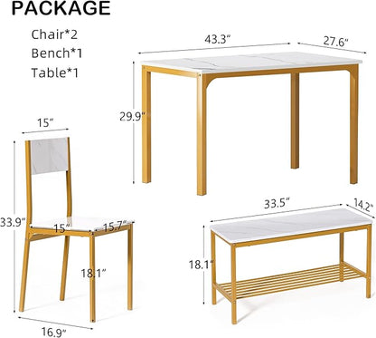 SogesHome 4-Piece Dining Table Set for 4 - Space-Saving Kitchen Set with Bench and Chairs, Ideal for Restaurants and Coffee Shops, Golden