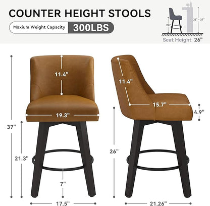 Counter Height Swivel Bar Stools Set of 4, 26 Inch Bar Stools with Footrest, Faux Leather Upholstered Barstools with Back and Solid Wood Legs for Kitchen Island, Dining Room,Pub,Brown