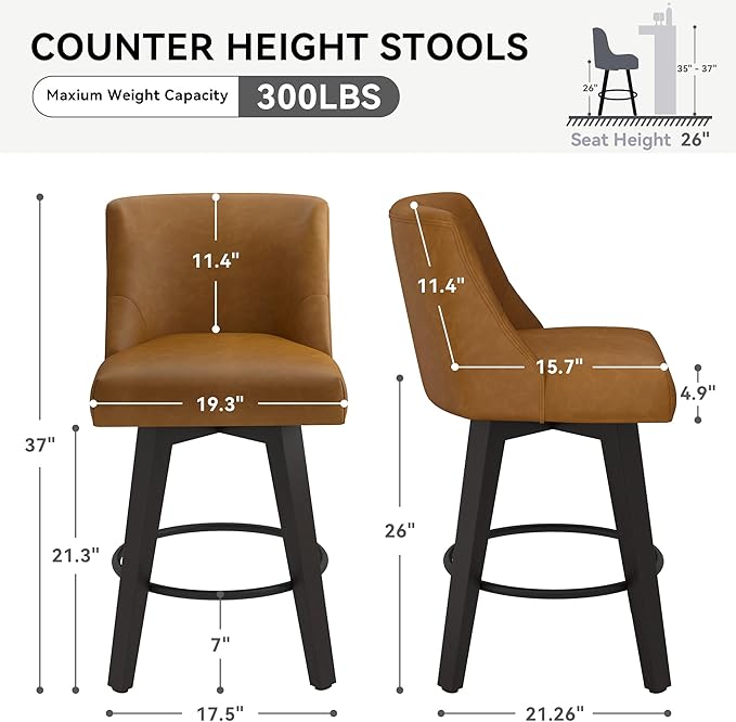 Counter Height Swivel Bar Stools Set of 2, 26 Inch Bar Stools with Footrest, Faux Leather Upholstered Barstools with Back and Solid Wood Legs for Kitchen Island, Dining Room,Pub,Brown