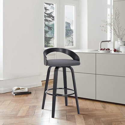 Armen Living Sonia 30" Bar Height Swivel Gray Faux Leather and Black Wood Bar Stool