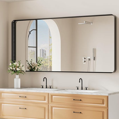 Koonmi Black Bathroom Mirror for Wall, 30x71 Inch Matte Metal Deep Framed Rounded Corner Wall Mirror, Shatterproof Tempered Glass for Farmhouse Bedroom Entryway, Vertically or Horizontally
