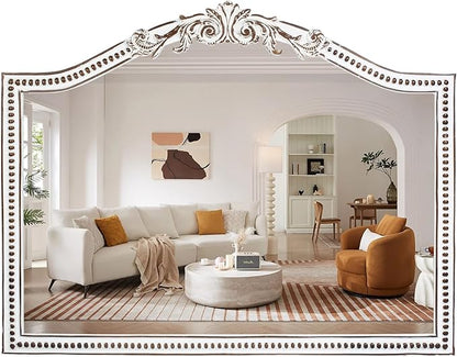 32x42 Inch Ornate Wooden Arched Wall Mirror, Rustic Farmhouse Decorative Wide Mirrors for Fireplace, Living Room, Bedroom, Entryway, Bathroom Over Sink