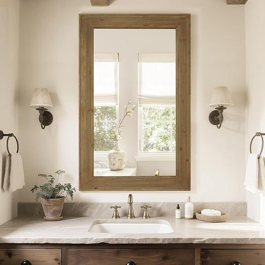WallBeyond Rustic Wood Framed Mirror, 30" x 48" Farmhouse Decorative Wall Mirror, Vintage Solid Wood Rectangular for Bathroom, Entryway & Living Room, Natural
