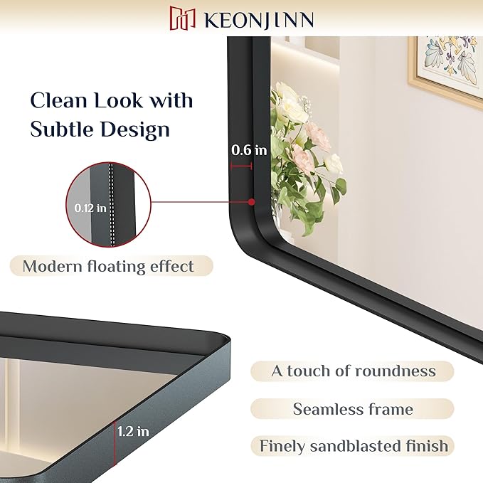 Keonjinn Black Bathroom Mirror for Vanity 55 x 30 Inch Large Metal Framed Wall Mirror Matte Black Rounded Rectangle Farmhouse Mirror, HD Tempered Glass, Modern Decorative Mirror(Horizontal/Vertical)