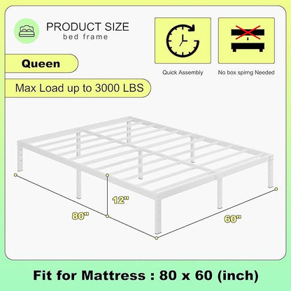 12 Inch Bed Frame Queen Size, Heavy Duty Steel Queen Bed Frame No Box Spring Needed, Mattress Foundation, Easy Assembly, Noise-Free,White