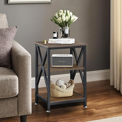 End Tables with Storage Shelf, 12" Deep x 16" Wide x 24" High, Small Side Table 3-Tier, End Tables Living Room Farmhouse, X-Shaped Night Stands for Bedrooms Bedside Tables, End Table Wood and Metal