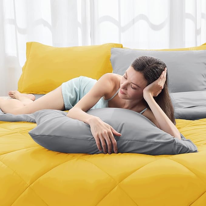 HEVUMYI Twin Comforter Set - 5-Piece All Season Bed in a Bag Twin, Ultra Soft Bedding Set with Comforter, Flat Sheet, Fitted Sheet, Pillowcases, Pillow Shams, Yellow & Light Grey