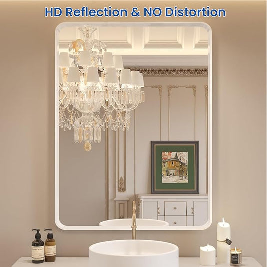 WEER White Bathroom Mirror 20X30 Inch, Rounded Rectangle White Metal Frame Mirror, Matte White Bathroom Vanity Mirror with Tempered Glass, Anti-Rust, Hangs Horizontally or Vertically