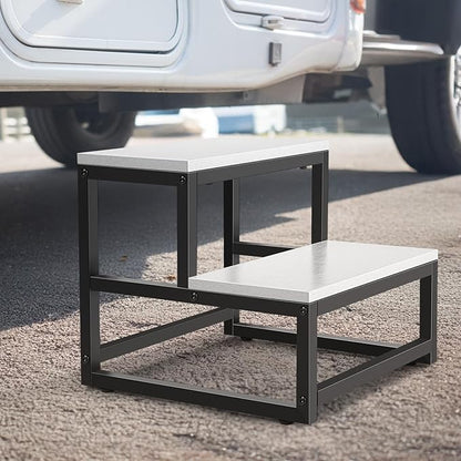 Wood and Metal 2 Step Stool for Adults & Kids – Heavy Duty Rustic Step Stools, 500 Lbs Capacity Non-Slip Stepping Stool for High Beds, Kitchen, Bathroom, Closet, Durable Foot Stool for Home Use,White