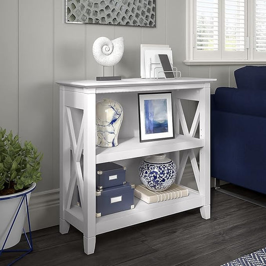 Bush Furniture Key West Small 2 Shelf Bookcase in Pure White Oak, Compact Home Organizer, Vertical Storage Solution, Bookshelf for Office or Living Room