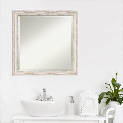 Amanti Art White Bathroom Mirror for Over Sink, 23x23 Alexandria White Wash Narrow Square Vanity Mirror, Medium Coastal Wood Frame, Hangs Horizonally and Vertically, Bathroom Wall Decor, Beveled Edge