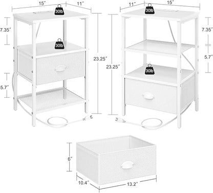 Nightstands Set of 2, Night Stands with Charging Station and Fabric Drawer PU Finish, Bedside Tables with Storage, 3 Tier Side Table with Open Shelf, Nightstands with Charging Station,White