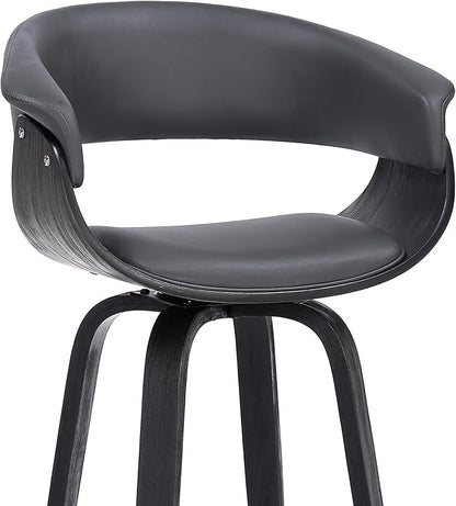 Armen Living Julyssa Mid Century Modern Swivel Bar Stool for Kitchen Island Counter in Gray Faux Leather and Black Wood, 26" Seat Height