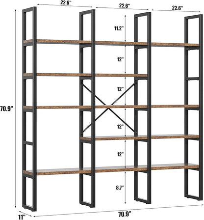70.86" Modern Bookshelf and Bookcases with 13 Open Display Shelves, Triple Wide 5-Tier Industrial Large Book Shelf with Metal Frame, Tall Etagere Book Case for Home & Office, Rustic Brown