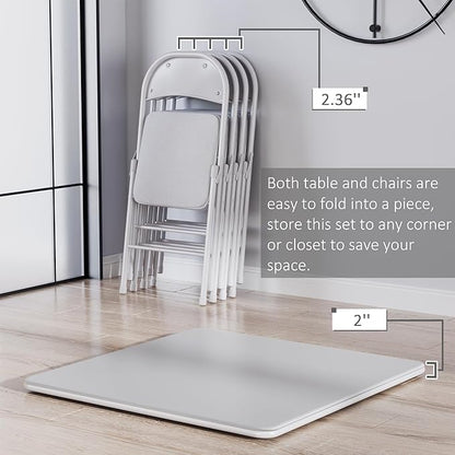 VECELO Portable Folding Card Table Square and Chair Set (5pc) with Collapsible Legs & Vinyl Upholstery, Metal, Grey
