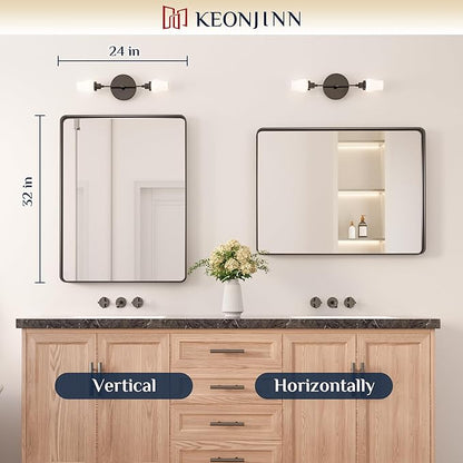 Keonjinn Black Bathroom Mirror for Over Sink, 24 x 32 Inch Matte Black Mirrors for Wall, Rounded Corner Rectangle Farmhouse Vanity Mirror, Tempered Glass Modern Decorative Mirror(Horizontal/Vertical)