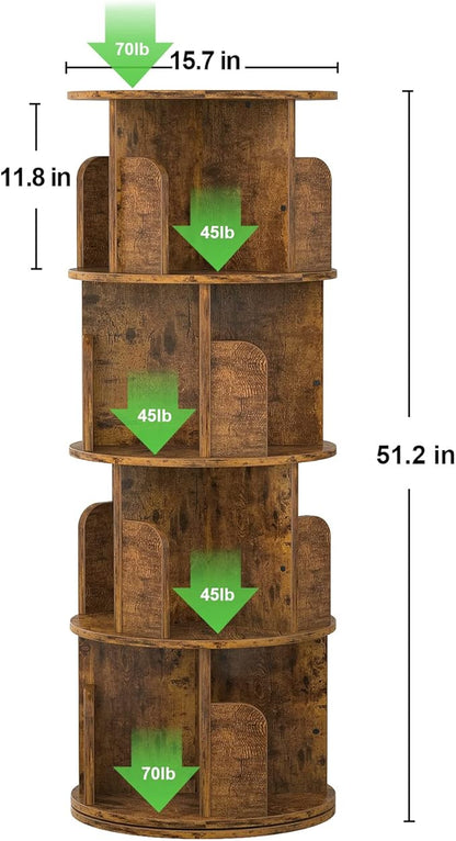 Aheaplus Rotating Bookshelf, Small Corner Bookshelf for Small Space, 360 Display 4 Tier Floor Standing Bookcase Storage Rack, Wood Narrow Book Shelf Organizer for Bedroom, Living Room, Rustic Brown