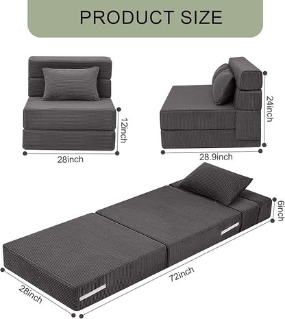 MeMoreCool Boneless Folding Sofa Bed Single, Corduroy Convertible Sleeper Chair, Foldable Foam Mattress Chair, Comfy Fold‑Out Futon Couch Bed, Small Floor Sofa Couch for Living‑Room Guest
